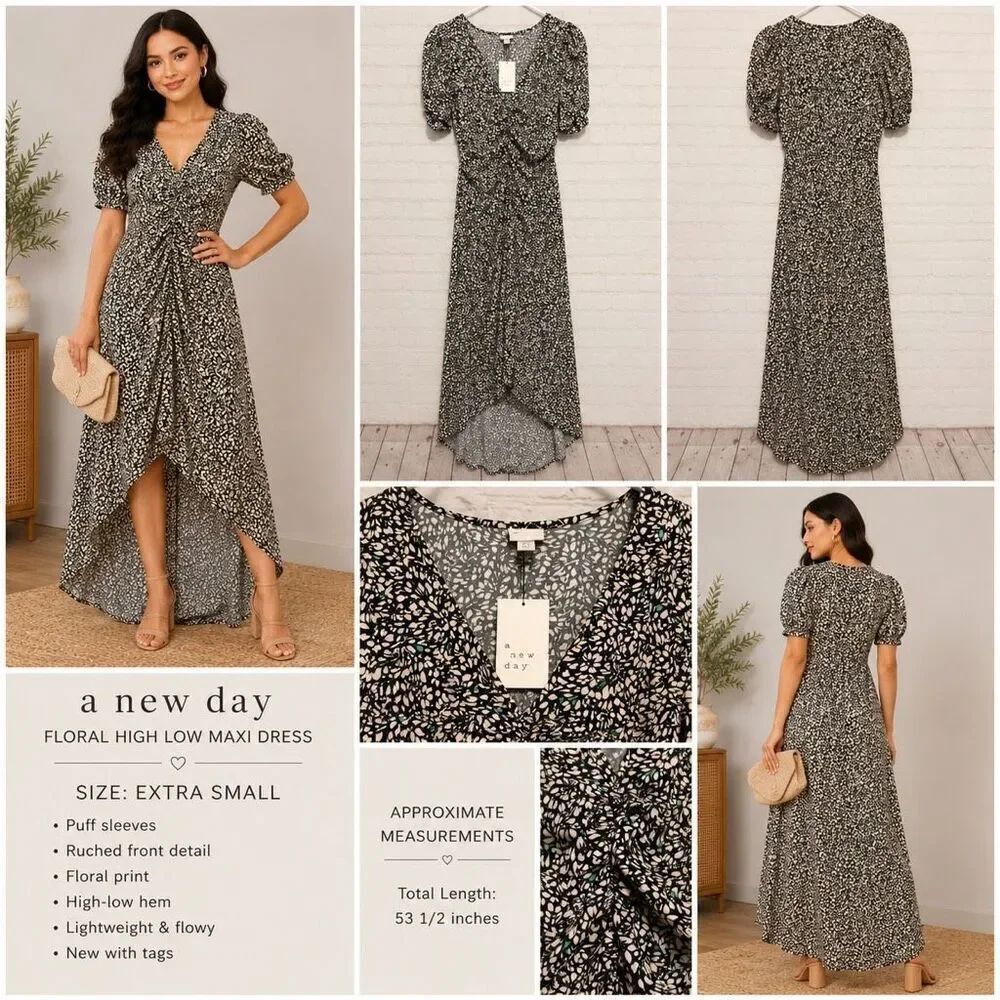 A New Day Floral High Low Maxi Dress Women’s XS Puff Sleeve Dress